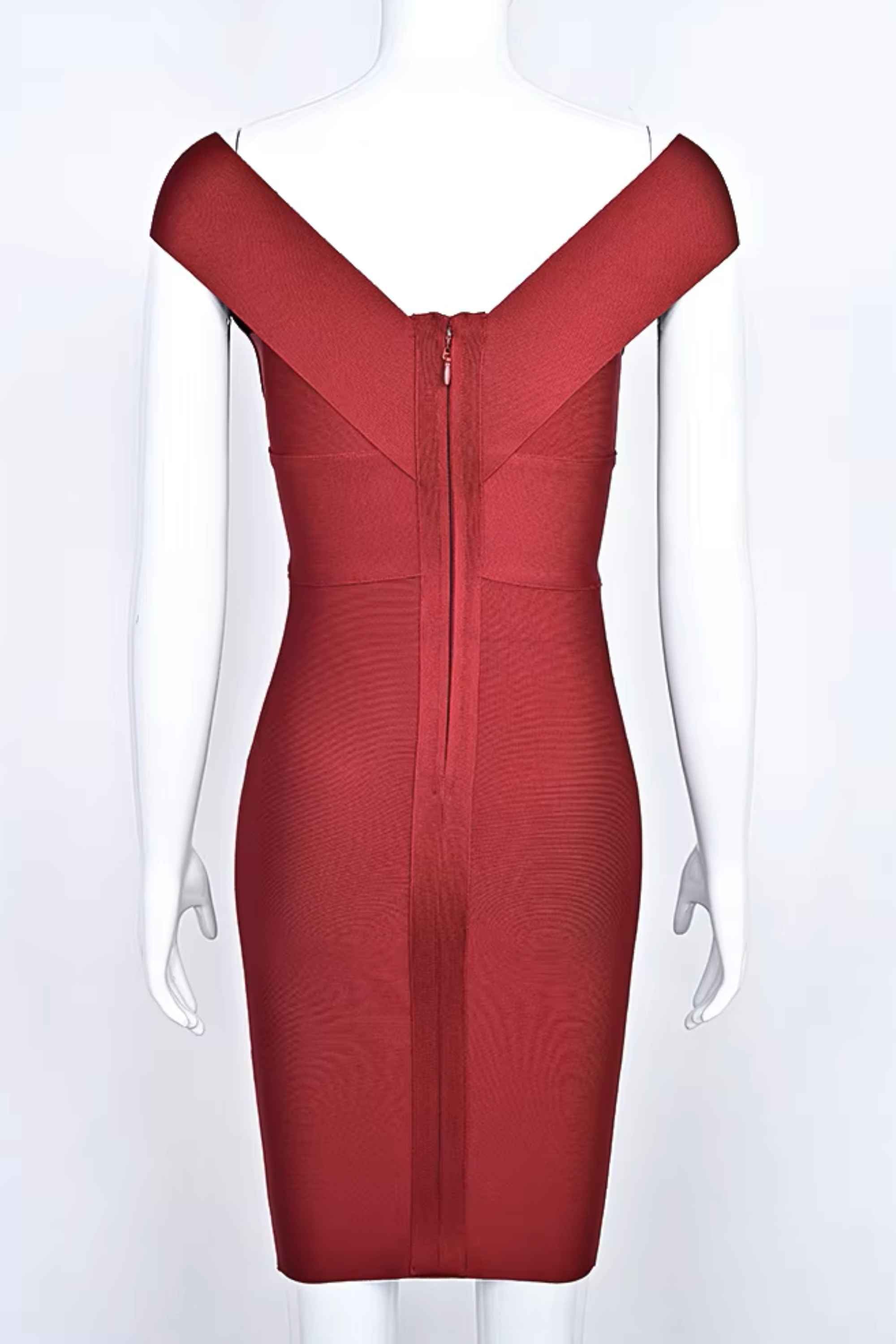 Woman wearing a figure flattering  Ash Bandage Dress - Red Wine Bodycon Collection