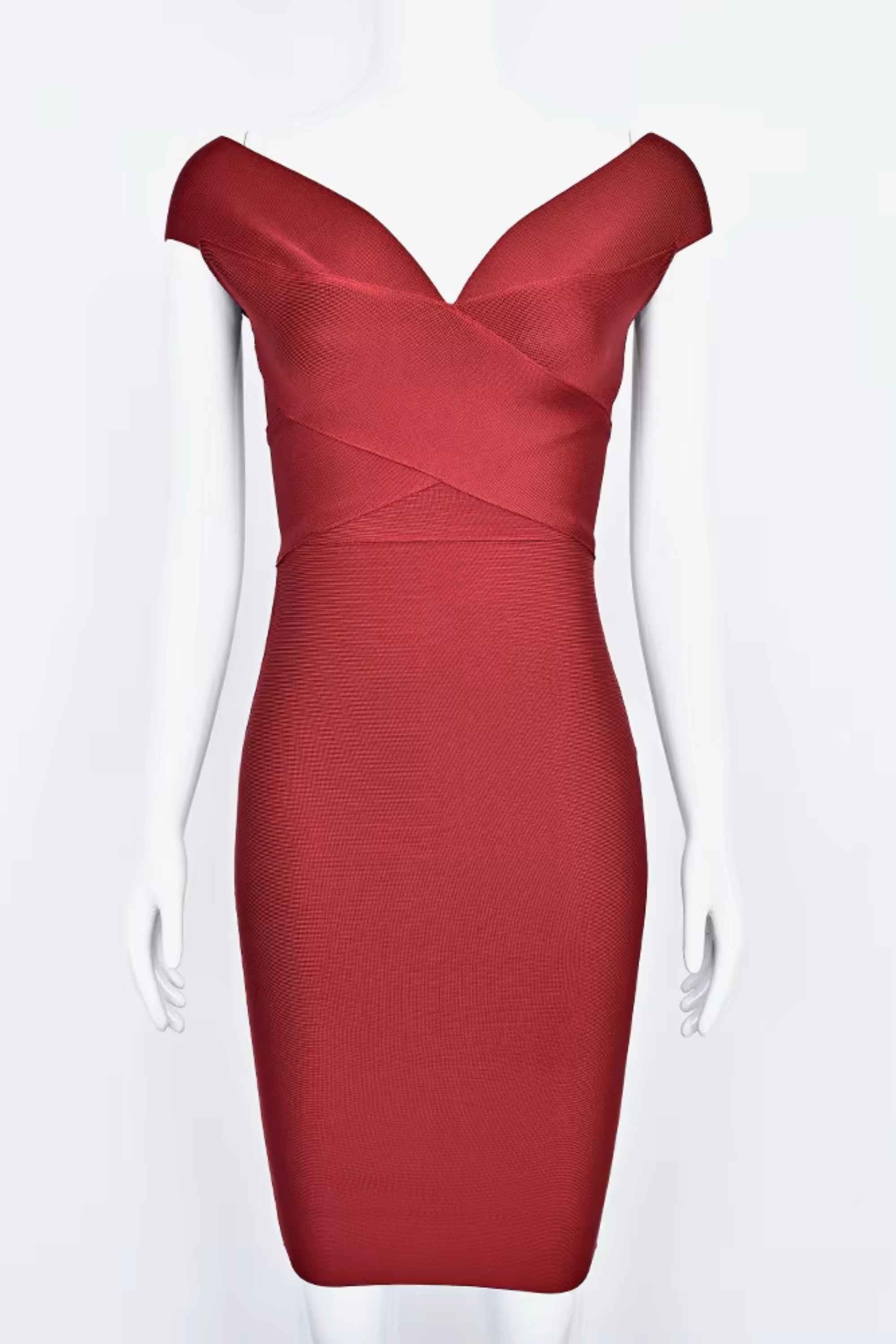 Woman wearing a figure flattering  Ash Bandage Dress - Red Wine Bodycon Collection