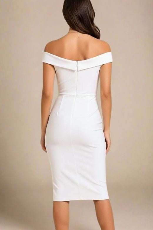 Woman wearing a figure flattering  Ash Bandage Dress - White Pearl Bodycon Collection