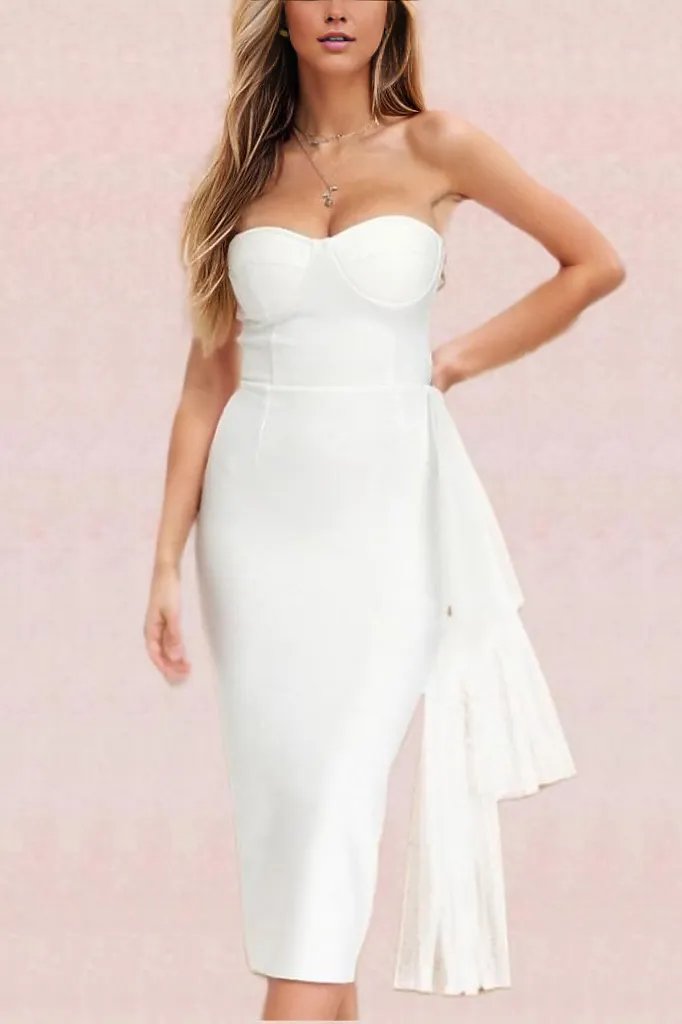 Woman wearing a figure flattering  Ashleigh Bandage Midi Dress - Pearl White BODYCON COLLECTION