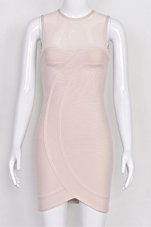 Woman wearing a figure flattering  Aspen Bodycon Mini Dress - Nude BODYCON COLLECTION Pty Ltd
