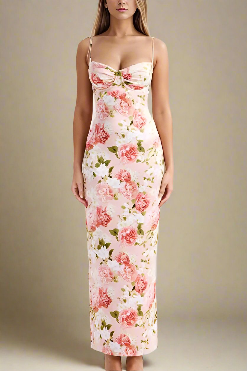 Woman wearing a figure flattering  Astrid Bodycon Maxi Dress - Dusty Pink BODYCON COLLECTION