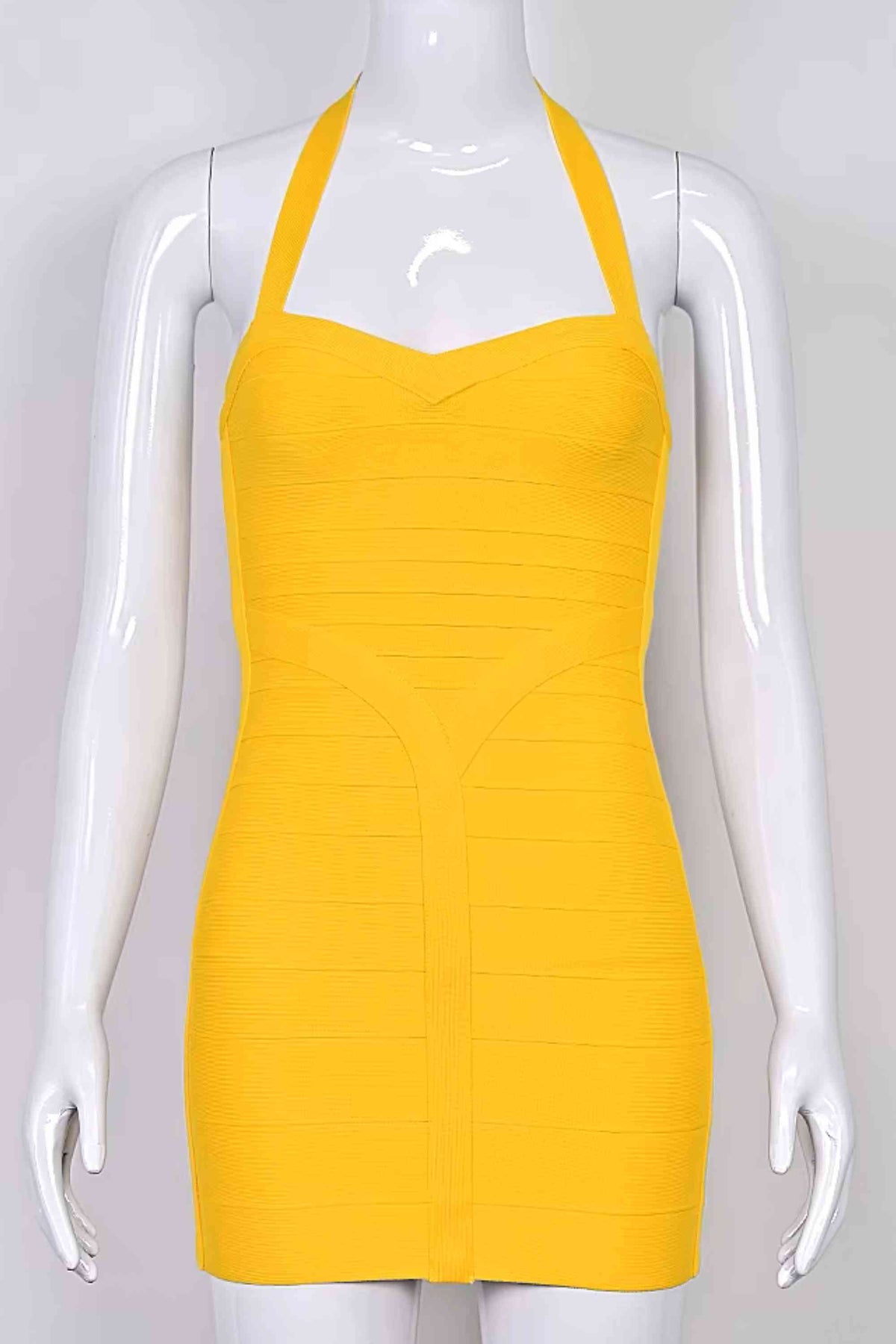Woman wearing a figure flattering  Athena Bandage Mini Dress - Mustard Yellow BODYCON COLLECTION Pty Ltd