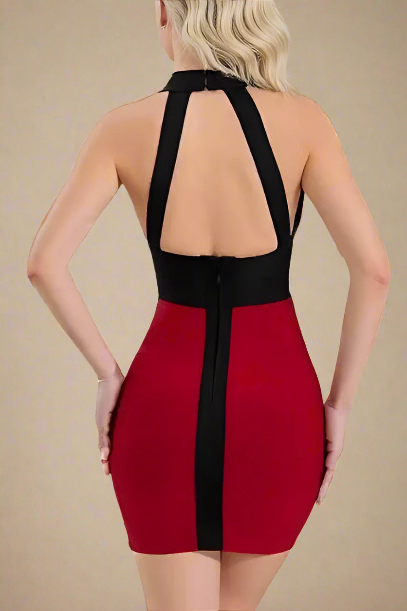 Woman wearing a figure flattering  Audrey Bandage Mini Dress - Cherry Red BODYCON COLLECTION Pty Ltd