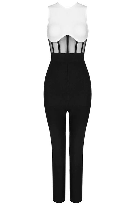 Woman wearing a figure flattering  Audrey Bandage Pants Jumpsuit - Classic Black BODYCON COLLECTION