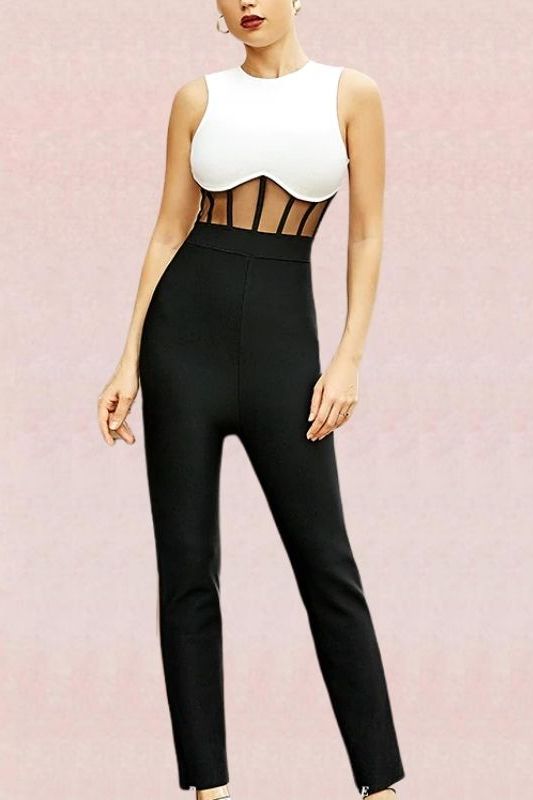 Woman wearing a figure flattering  Audrey Bandage Pants Jumpsuit - Classic Black BODYCON COLLECTION