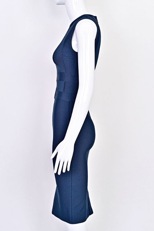 Woman wearing a figure flattering  Aurora Bandage Dress - Navy Blue BODYCON COLLECTION Pty Ltd