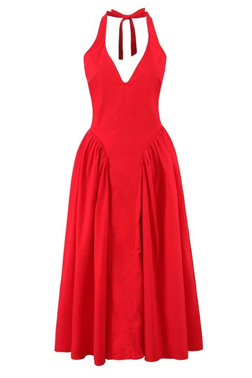Woman wearing a figure flattering  Austen Bodycon Midi Dress - Chilli Red BODYCON COLLECTION