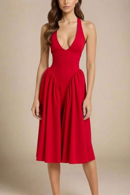 Woman wearing a figure flattering  Austen Bodycon Midi Dress - Chilli Red BODYCON COLLECTION