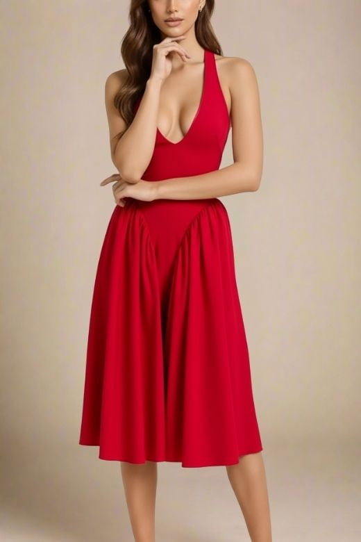 Woman wearing a figure flattering  Austen Bodycon Midi Dress - Chilli Red BODYCON COLLECTION