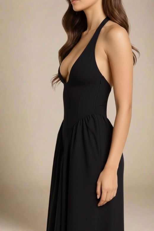 Woman wearing a figure flattering  Austen Bodycon Midi Dress - Classic Black BODYCON COLLECTION