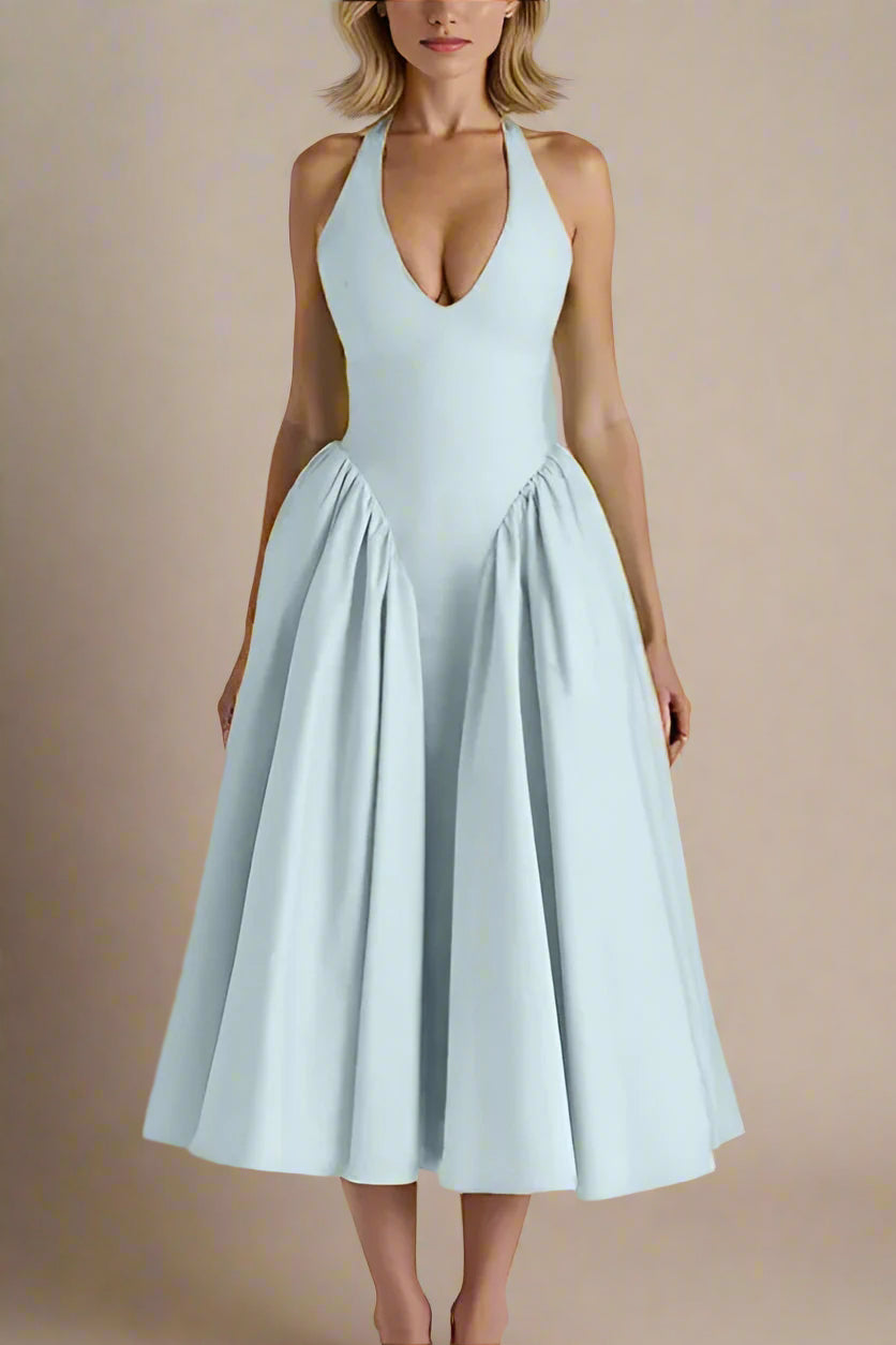 Woman wearing a figure flattering  Austen Bodycon Midi Dress - Sky Blue BODYCON COLLECTION