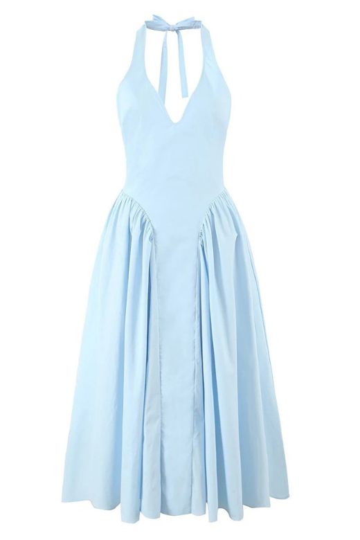 Woman wearing a figure flattering  Austen Bodycon Midi Dress - Sky Blue BODYCON COLLECTION