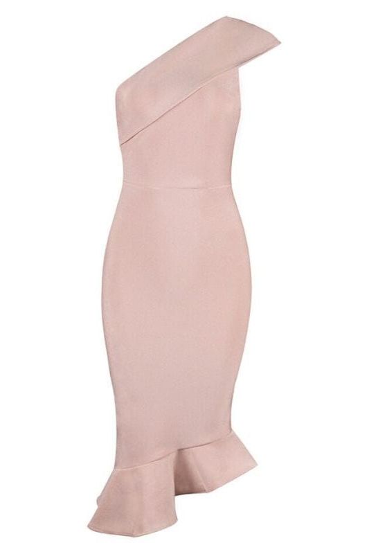 Woman wearing a figure flattering  Avery Bandage Dress - Dusty Pink BODYCON COLLECTION