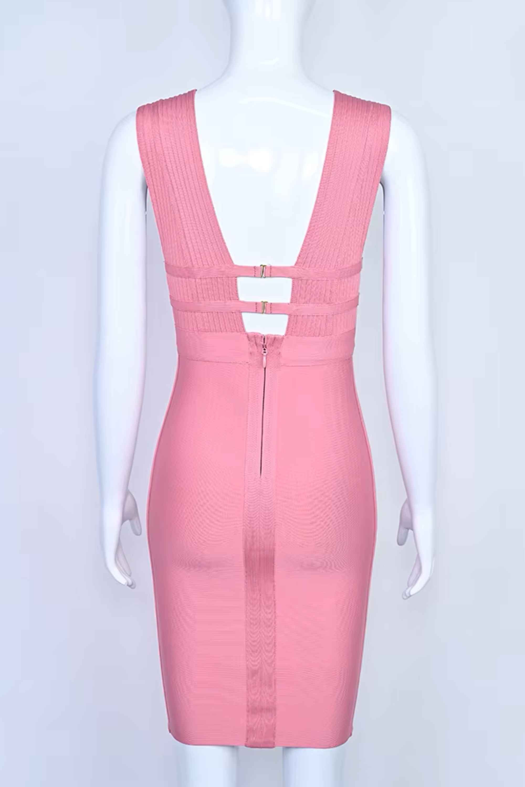 Woman wearing a figure flattering  Bay Bandage Dress - Ballet Pink Bodycon Collection