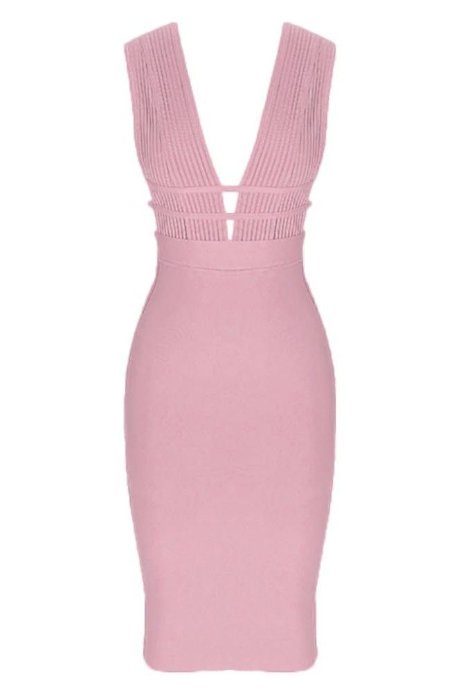 Woman wearing a figure flattering  Bay Bandage Dress - Ballet Pink Bodycon Collection