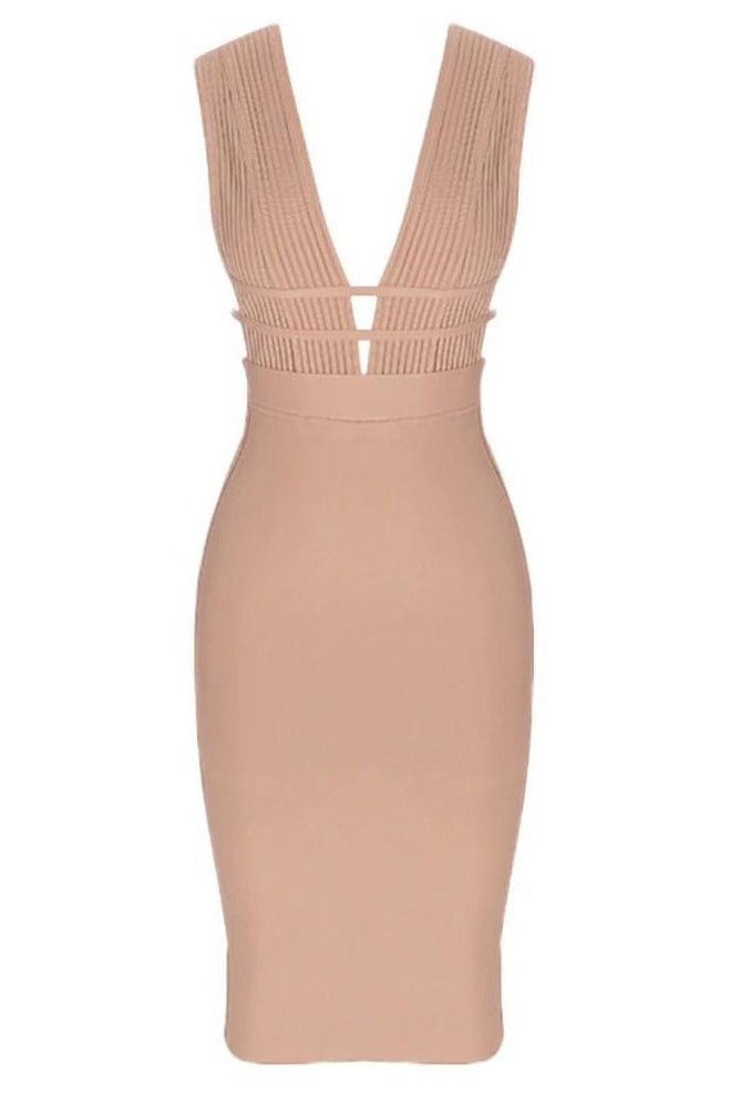 Woman wearing a figure flattering  Bay Bandage Dress - Nude Bodycon Collection