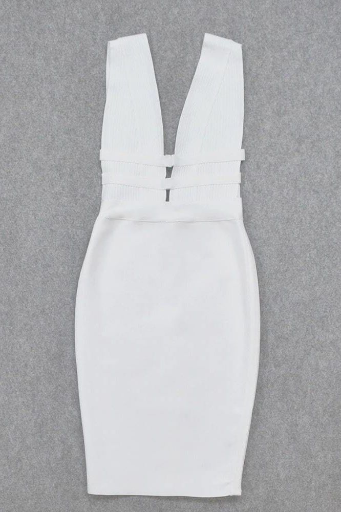 Woman wearing a figure flattering  Bay Bandage Dress - Pearl White Bodycon Collection