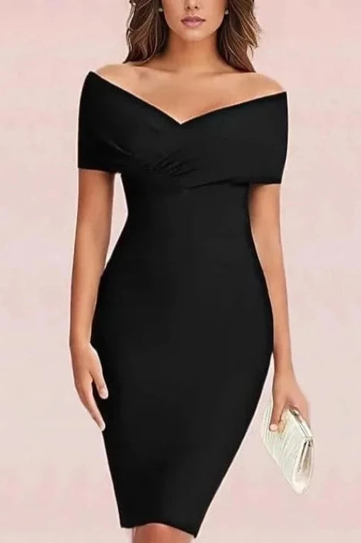 Woman wearing a figure flattering  Bea Bandage Dress - Classic Black Bodycon Collection