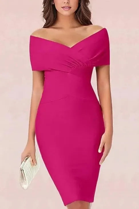 Woman wearing a figure flattering  Bea Bandage Dress - Hot Pink Bodycon Collection