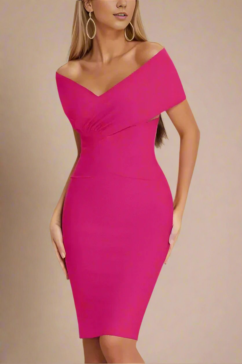 Woman wearing a figure flattering  Bea Bandage Dress - Hot Pink Bodycon Collection