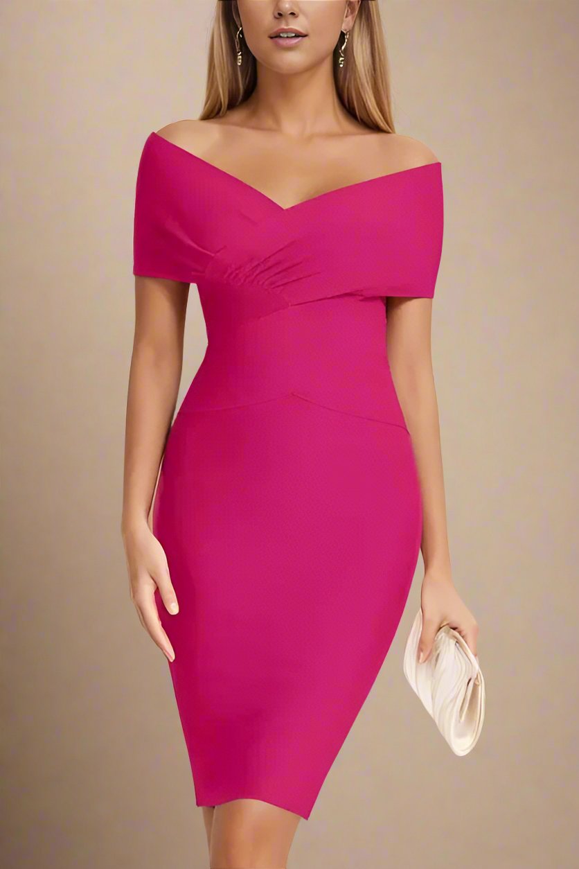 Woman wearing a figure flattering  Bea Bandage Dress - Hot Pink Bodycon Collection