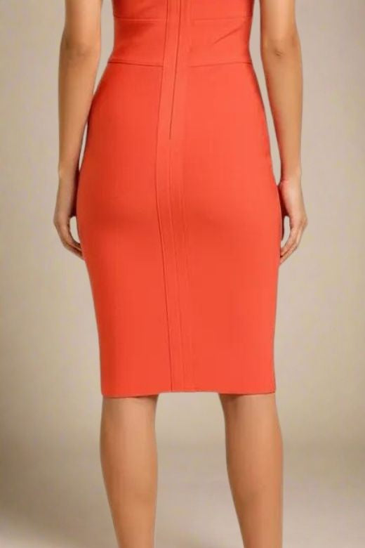 Woman wearing a figure flattering  Bea Bandage Dress - Lipstick Red Bodycon Collection