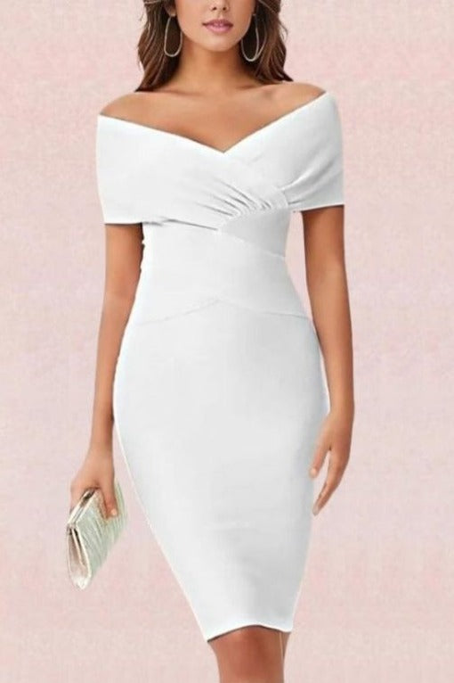Woman wearing a figure flattering  Bea Bandage Dress - Pearl White Bodycon Collection