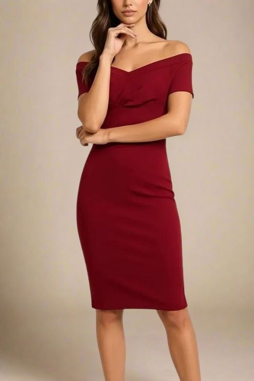 Woman wearing a figure flattering  Bea Bandage Dress - Red Wine Bodycon Collection