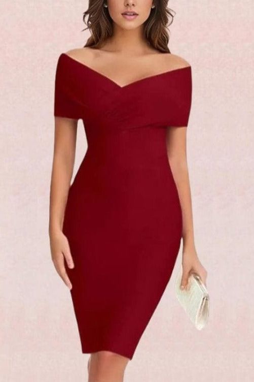 Woman wearing a figure flattering  Bea Bandage Dress - Red Wine Bodycon Collection