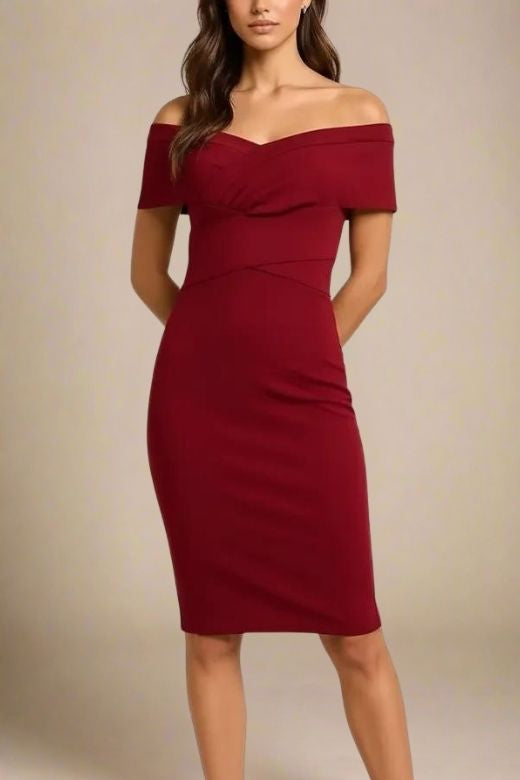 Woman wearing a figure flattering  Bea Bandage Dress - Red Wine Bodycon Collection