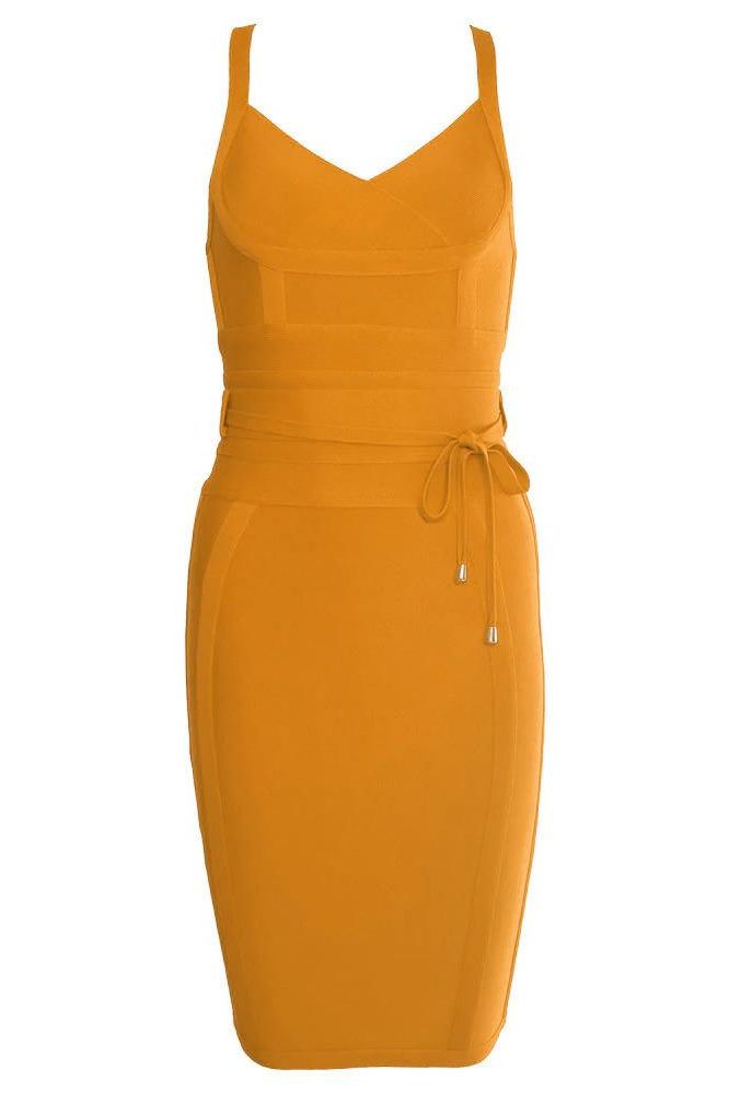 Woman wearing a figure flattering  Bek Bandage Dress - Apricot Orange Bodycon Collection