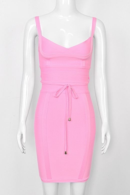 Woman wearing a figure flattering  Bek Bandage Dress - Blush Pink Bodycon Collection