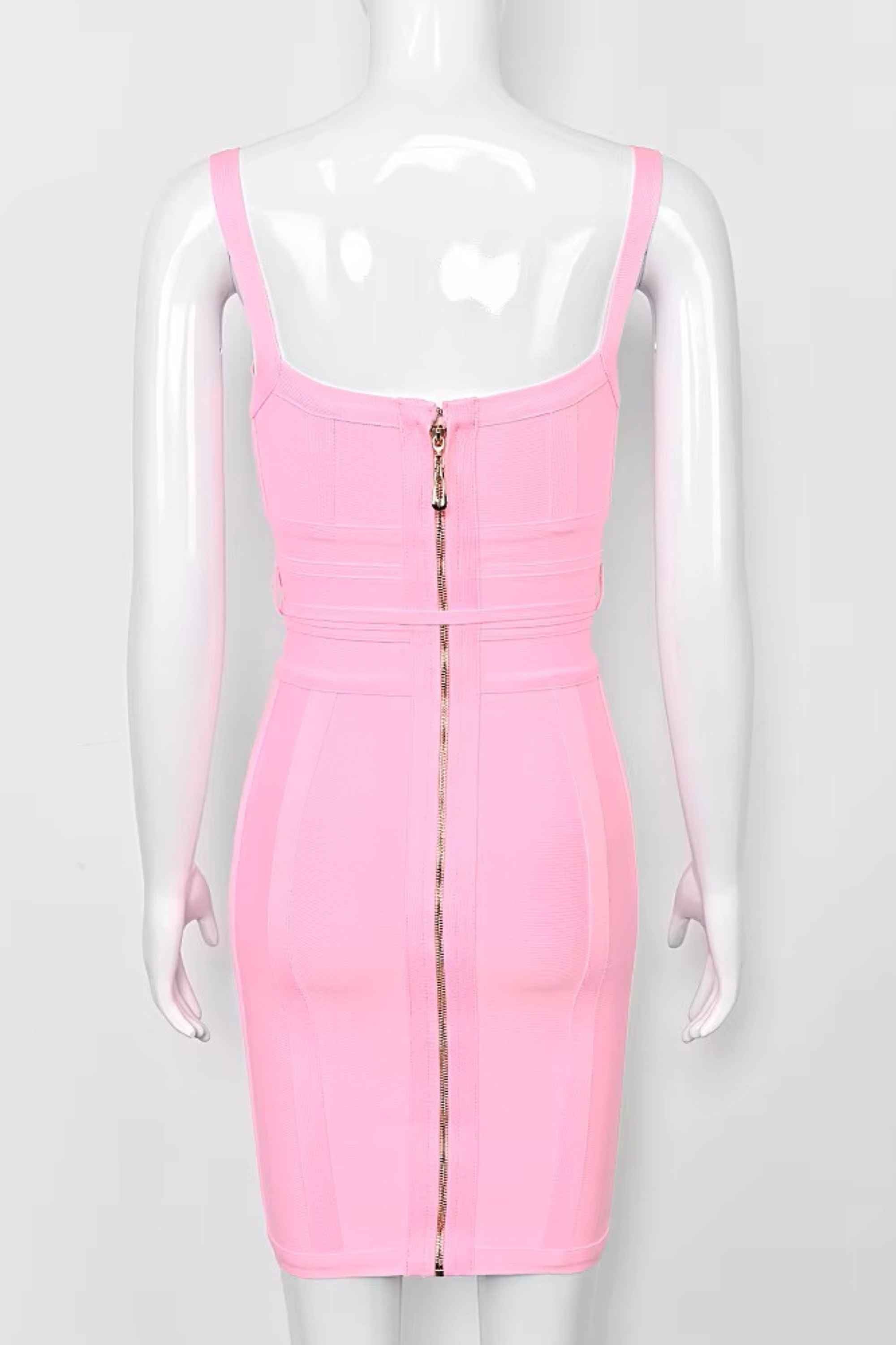 Woman wearing a figure flattering  Bek Bandage Dress - Blush Pink Bodycon Collection