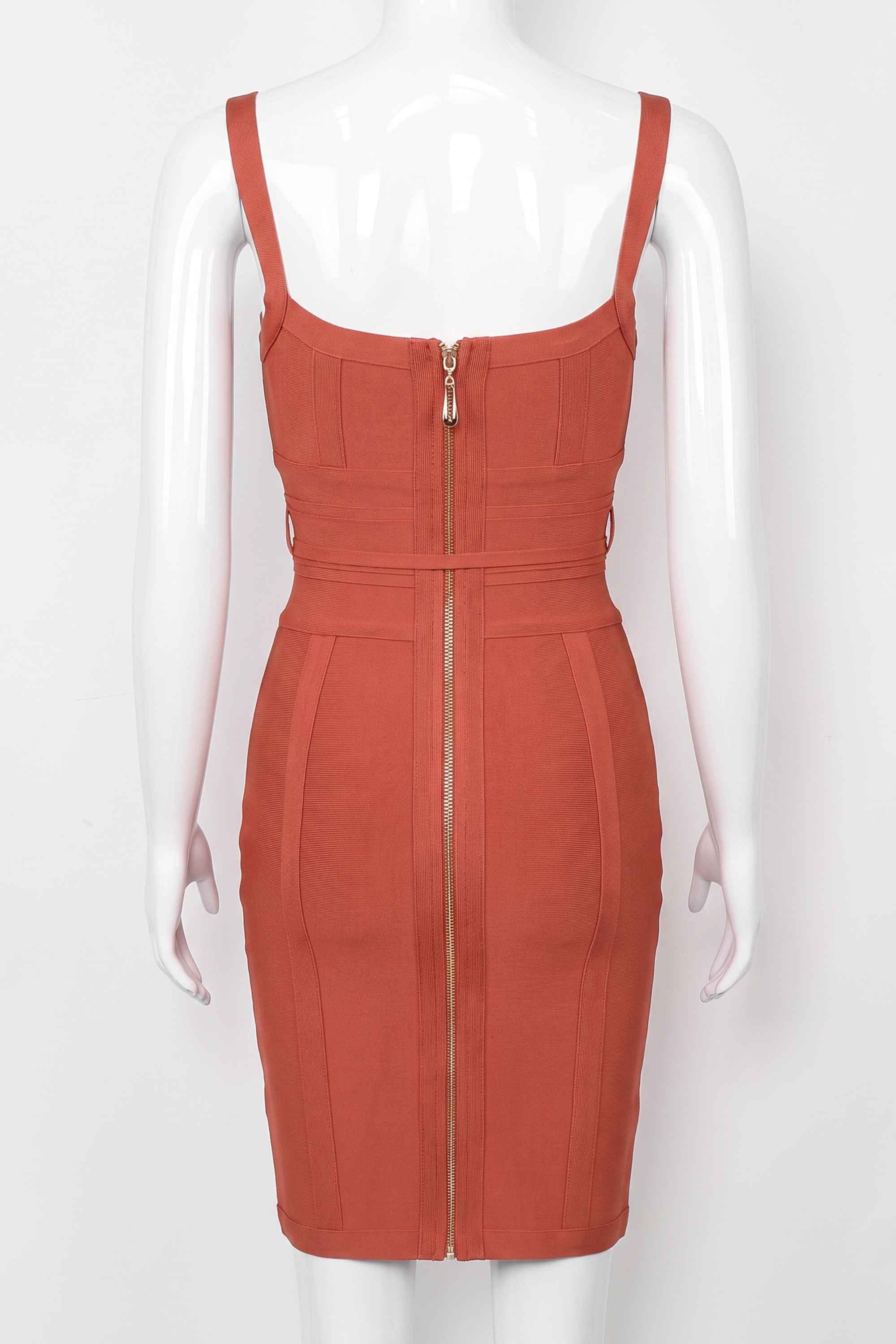 Woman wearing a figure flattering  Bek Bandage Dress - Burnt Orange Bodycon Collection