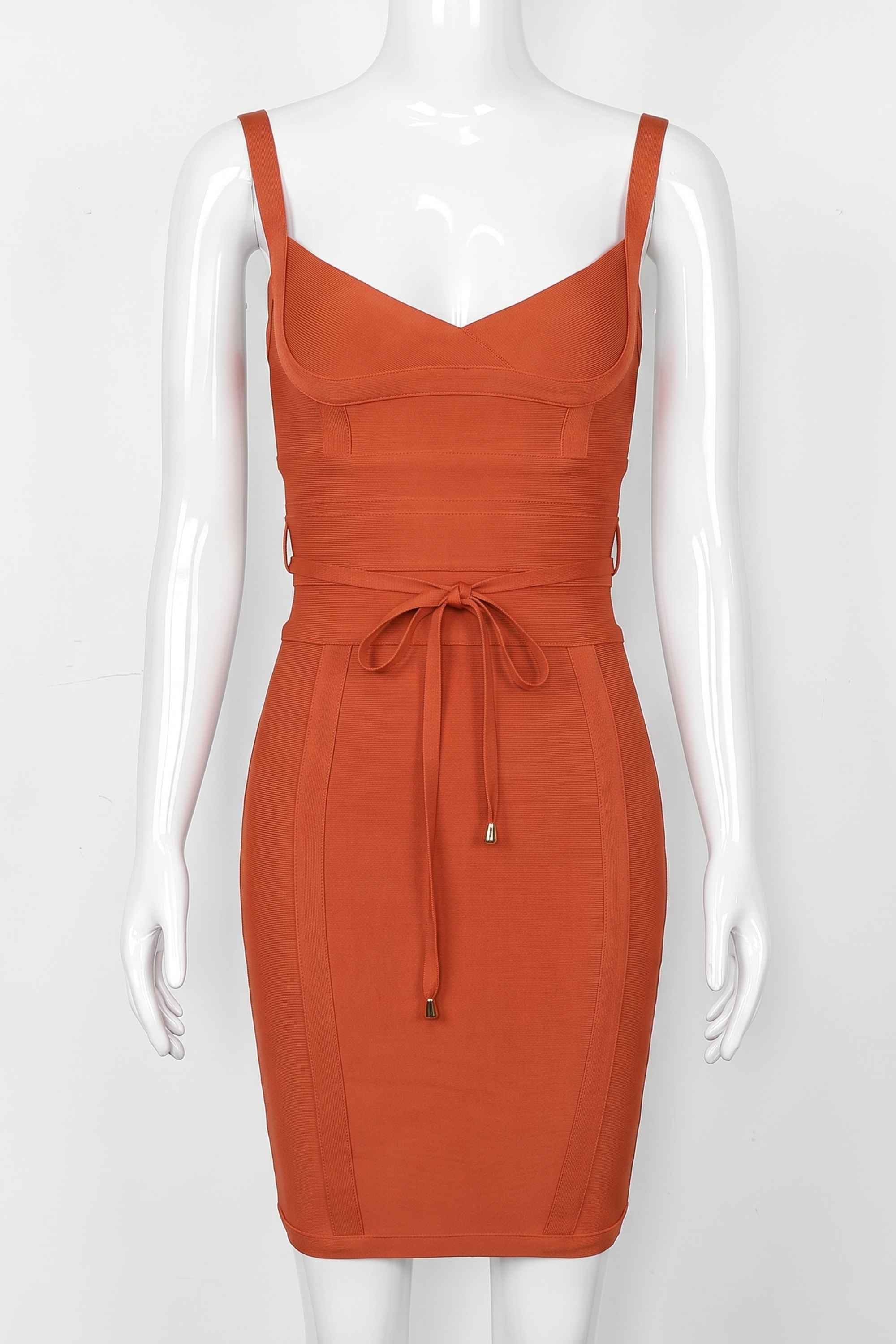 Woman wearing a figure flattering  Bek Bandage Dress - Burnt Orange Bodycon Collection