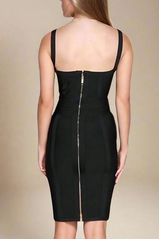 Woman wearing a figure flattering  Bek Bandage Dress - Classic Black Bodycon Collection