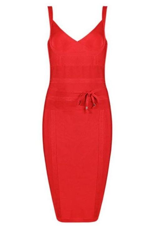 Woman wearing a figure flattering  Bek Bandage Dress - Lipstick Red Bodycon Collection