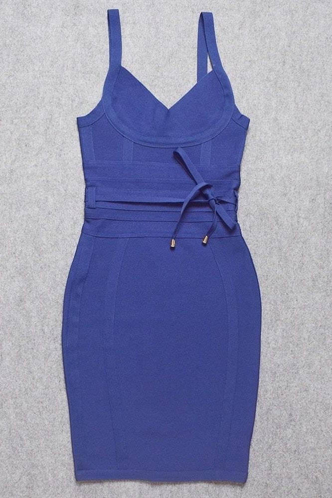 Woman wearing a figure flattering  Bek Bandage Dress - Navy Blue Bodycon Collection