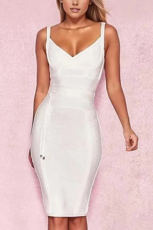 Woman wearing a figure flattering  Bek Bandage Dress - Pearl White Bodycon Collection