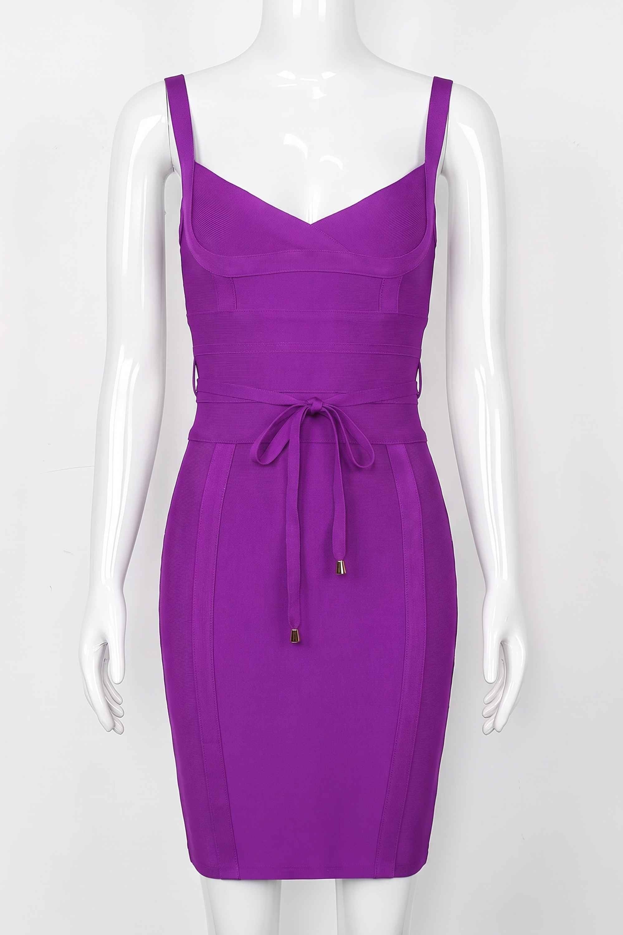 Woman wearing a figure flattering  Bek Bandage Dress - Plum Purple Bodycon Collection