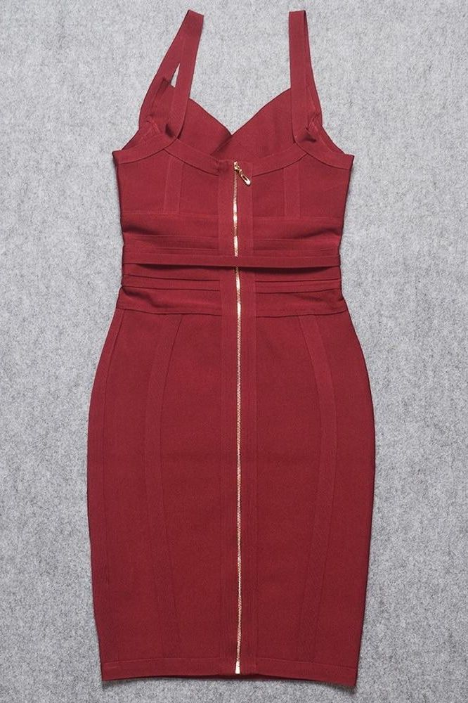 Woman wearing a figure flattering  Bek Bandage Dress - Red Wine Bodycon Collection