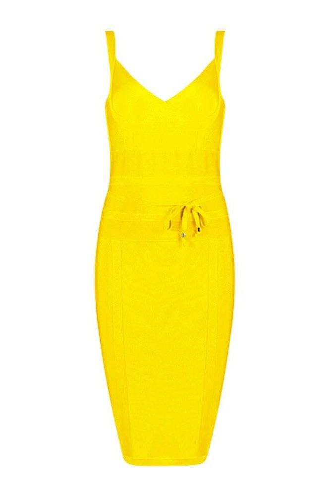 Woman wearing a figure flattering  Bek Bandage Dress - Sun Yellow Bodycon Collection