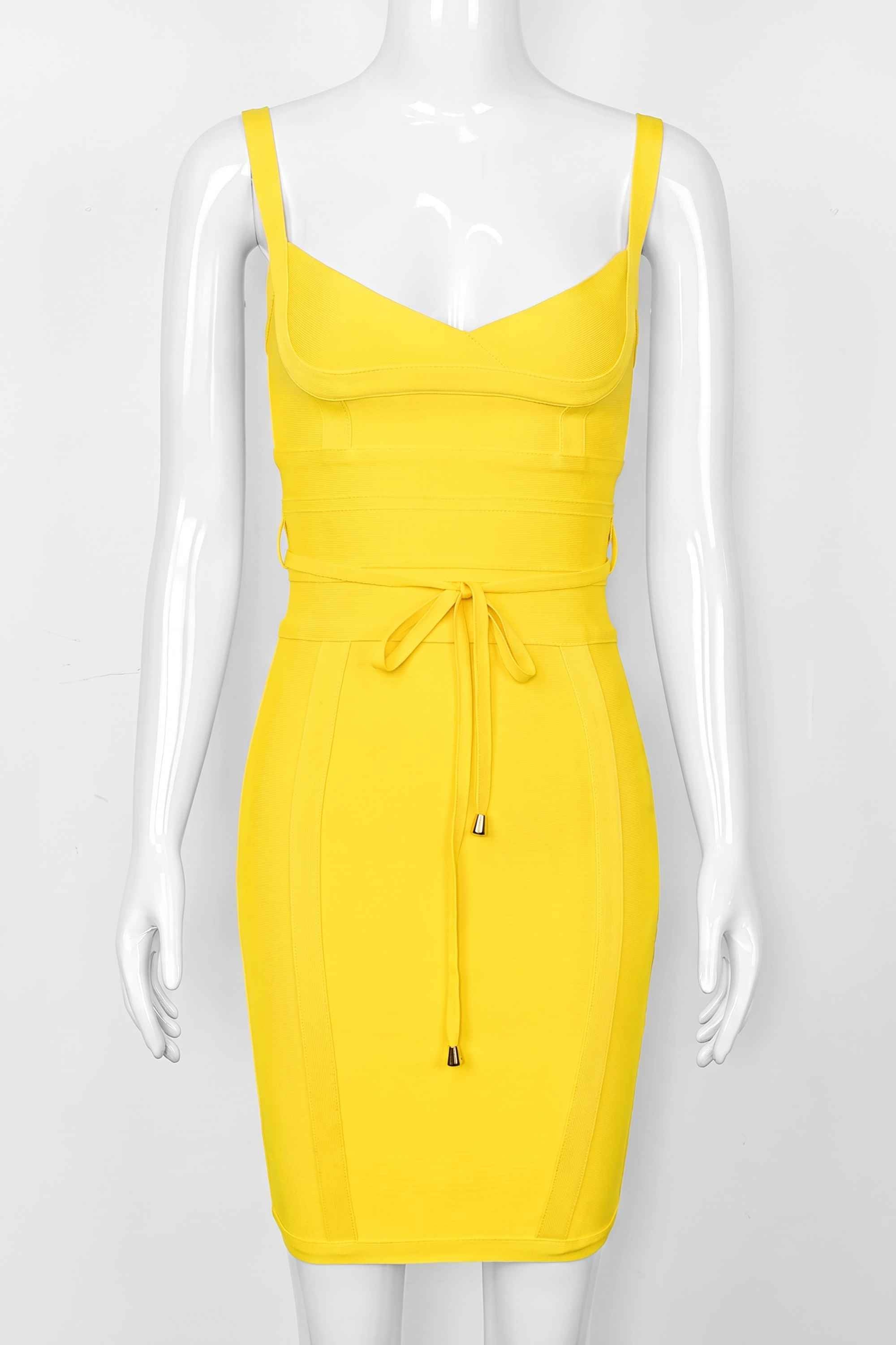 Woman wearing a figure flattering  Bek Bandage Dress - Sun Yellow Bodycon Collection