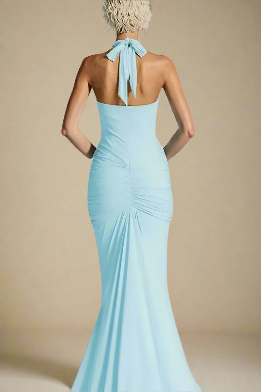 Woman wearing a figure flattering  Bella Bodycon Wrap Maxi Dress - Sky Blue BODYCON COLLECTION Pty Ltd