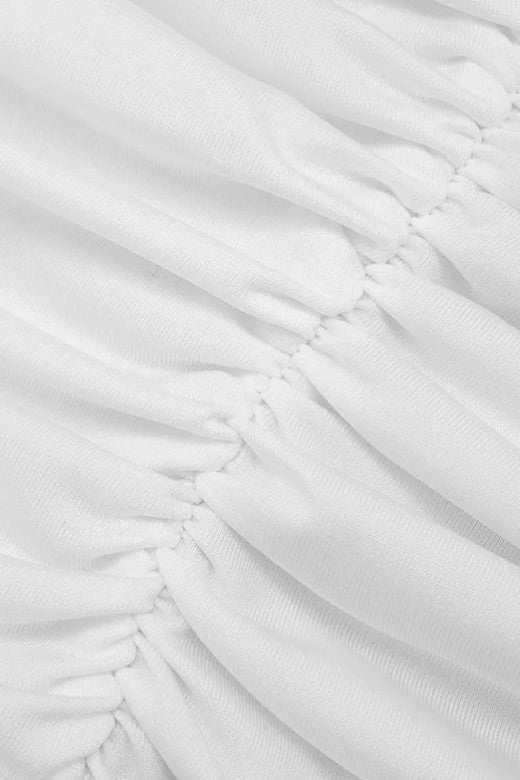 Woman wearing a figure flattering  Bella Bodycon Wrap Maxi Dress - White Pearl BODYCON COLLECTION Pty Ltd