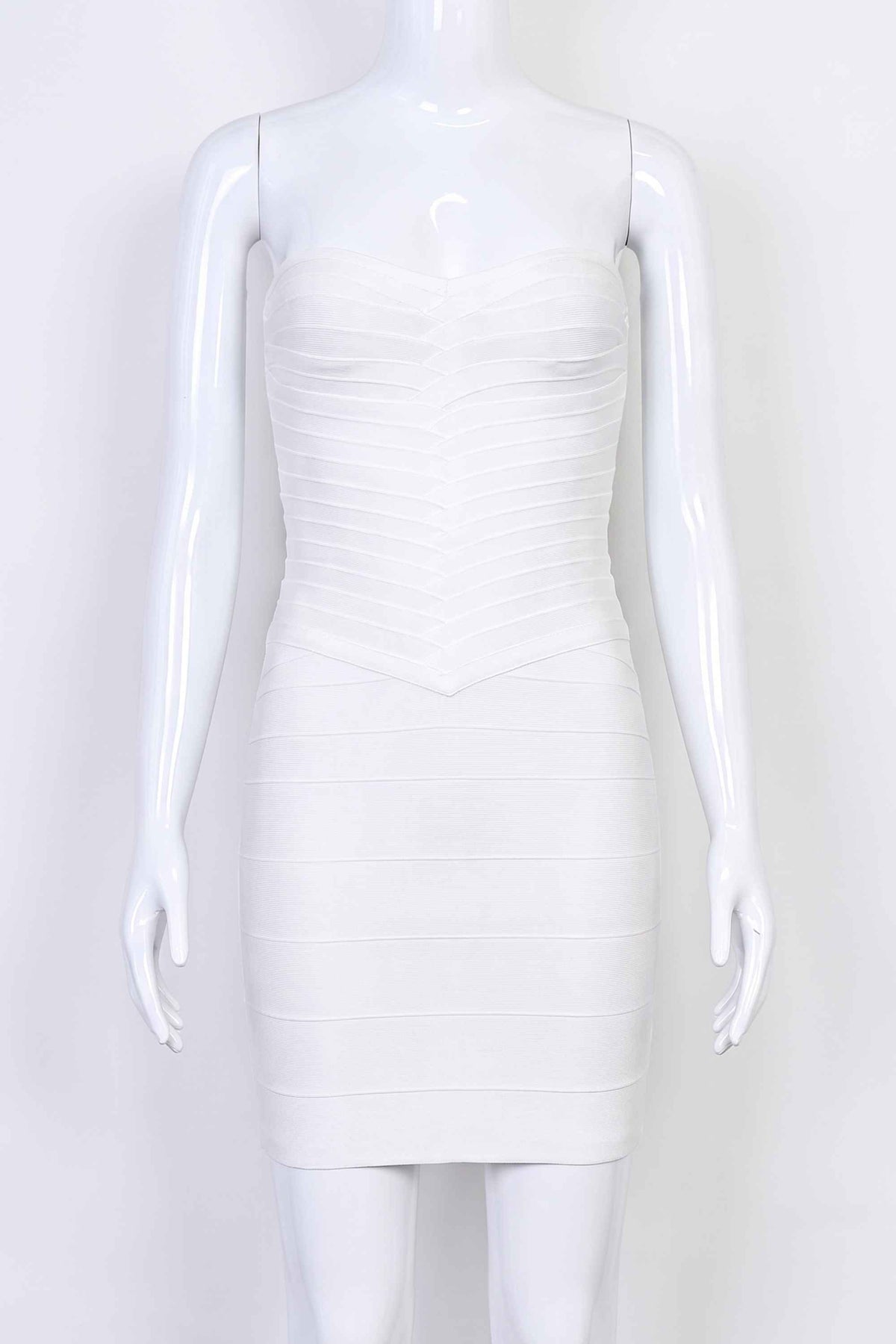 Woman wearing a figure flattering  Belle Bandage Mini Dress - White Pearl BODYCON COLLECTION Pty Ltd