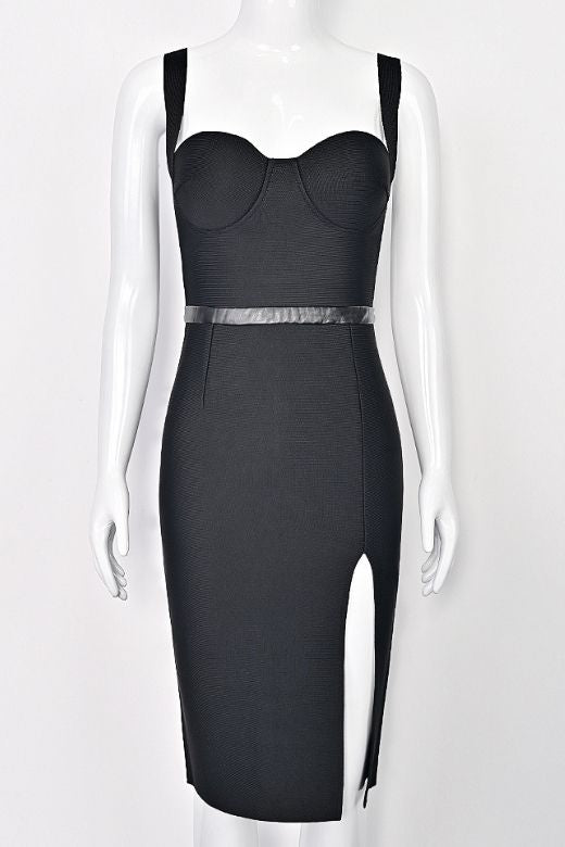 Woman wearing a figure flattering  Beth Bandage Corset Dress - Classic Black BODYCON COLLECTION