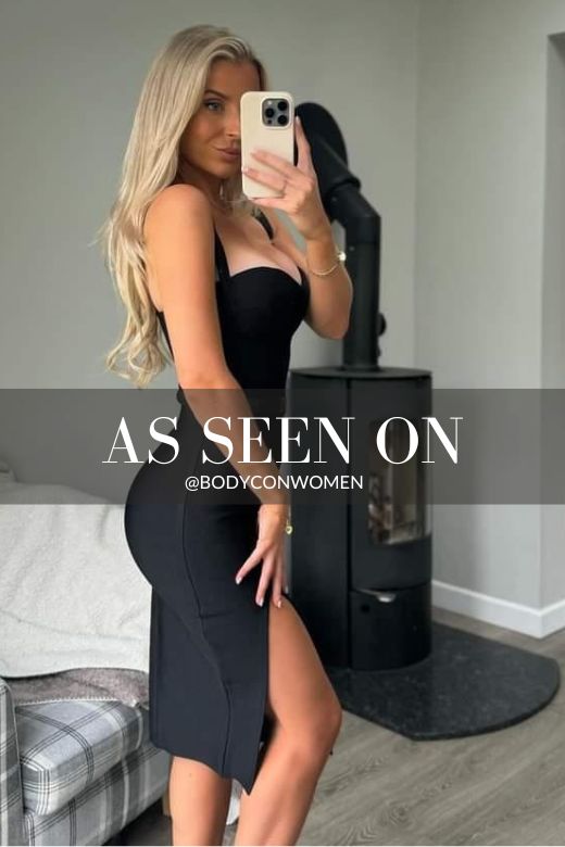 Woman wearing a figure flattering  Beth Bandage Corset Dress - Classic Black BODYCON COLLECTION