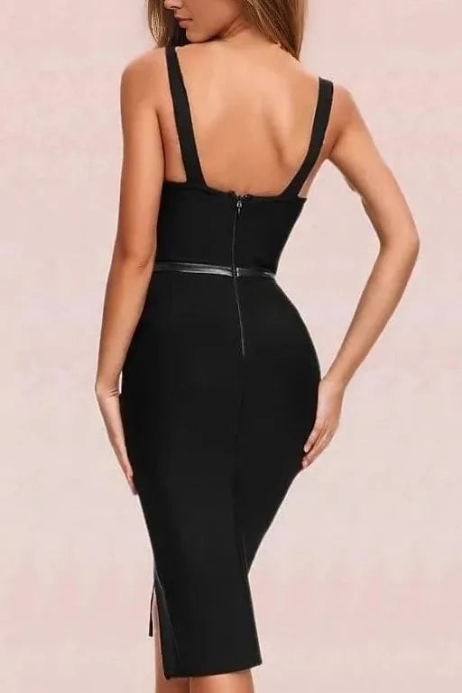 Woman wearing a figure flattering  Beth Bandage Dress - Classic Black BODYCON COLLECTION